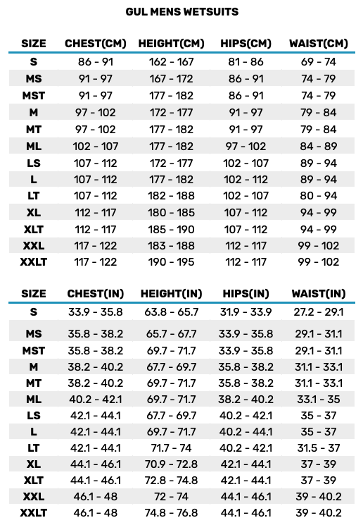 2025 Gul Mens Wetsuits Mens Size Chart